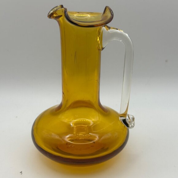Unbranded hand blown amber with clear handle 4” miniature glass pitcher - Picture 2 of 7